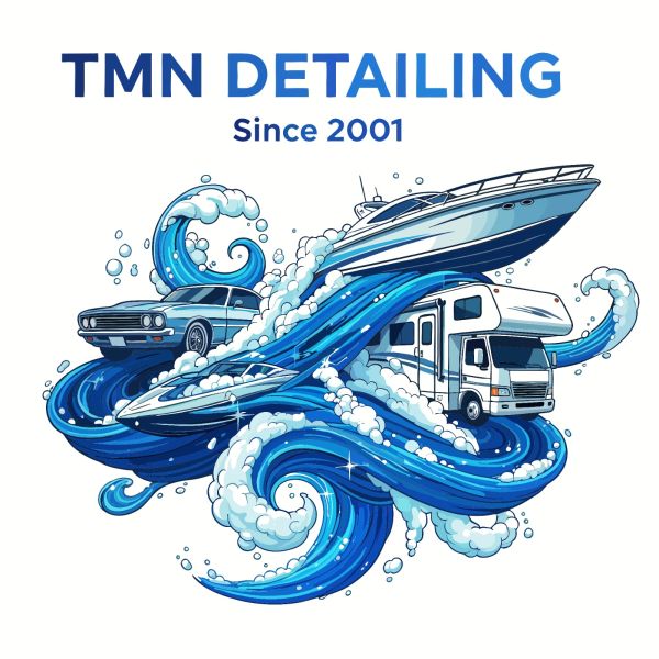 TMN Detailing logo with vehicles and water waves.