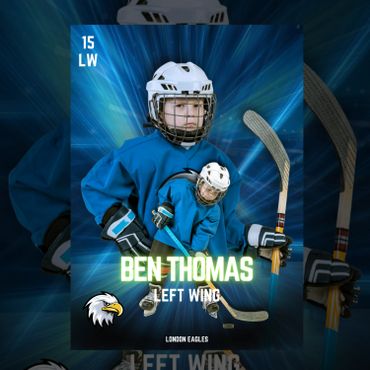 Young hockey player Ben Thomas in blue jersey, ready to play left wing for London Eagles.