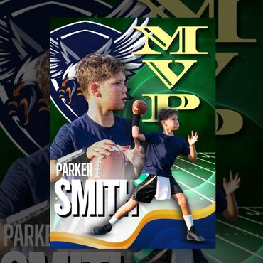Young football player Parker Smith in action on the field with MVPD logo.