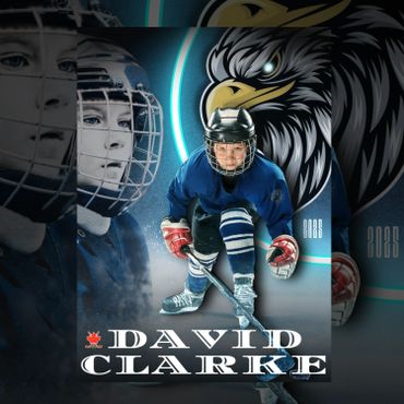 Young hockey player David Clarke in action with team logo and name.