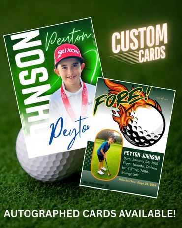 Custom autographed golf cards featuring Peyton Johnson with personalized stats and photos.