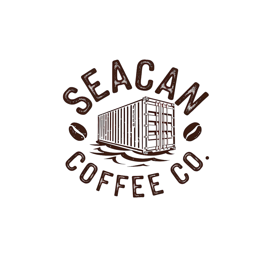 Logo featuring a coffee container and beans with 'SEACAM COFFEE' text.