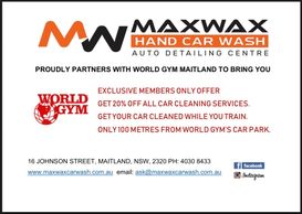 MaxWax & World Gym Maitland, Telarah Bowling Club association for members only.