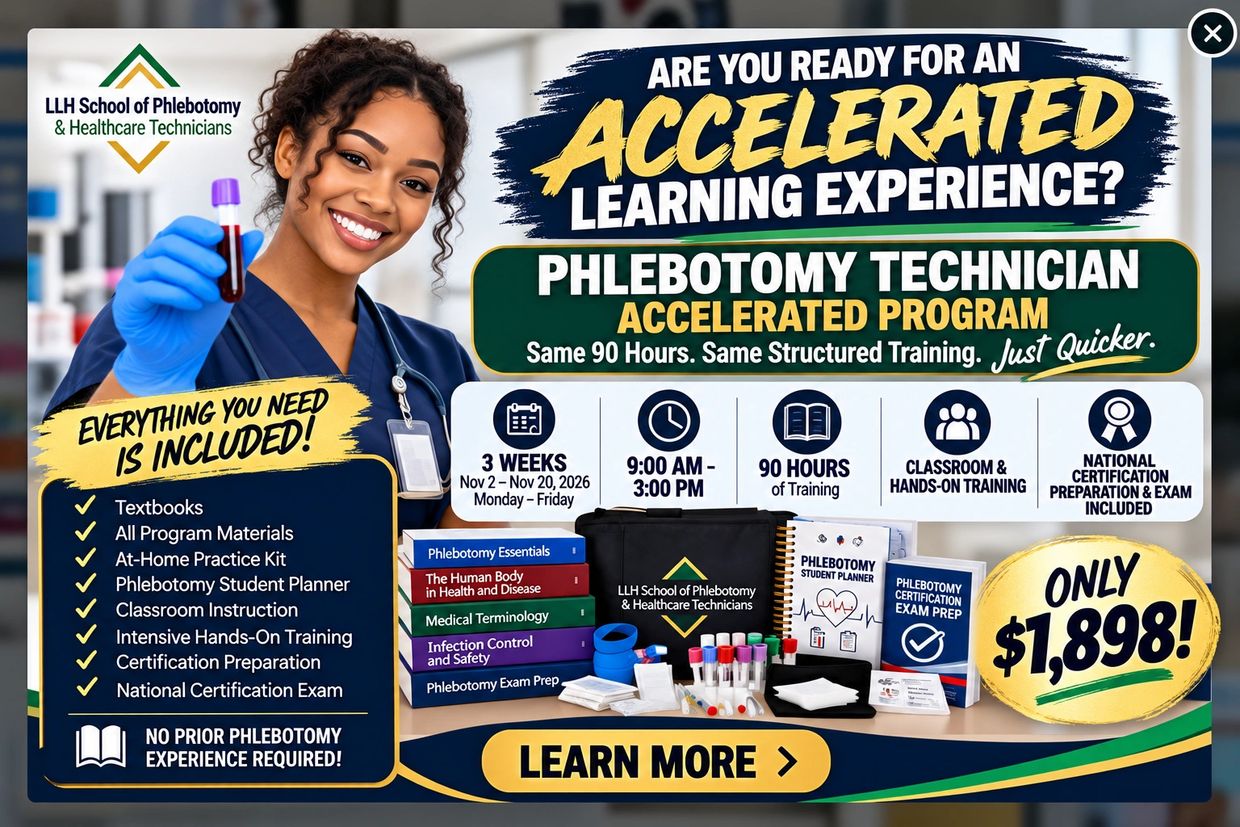 Accelerated phlebotomy technician program with no prior experience required.