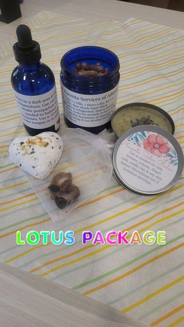 Natural wellness products including placenta pills, salve, and tincture in the Lotus Package.