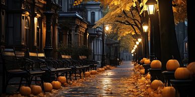 well lit sidewalk on halloween