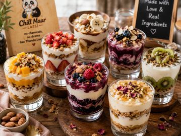 Variety of layered yogurt parfaits with fruits and nuts.