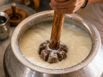 Traditional Indian butter churning in a metal pot.