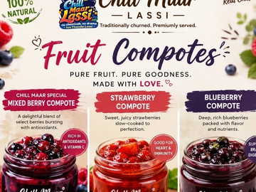 Three varieties of fruit compotes: mixed berry, strawberry, and blueberry.