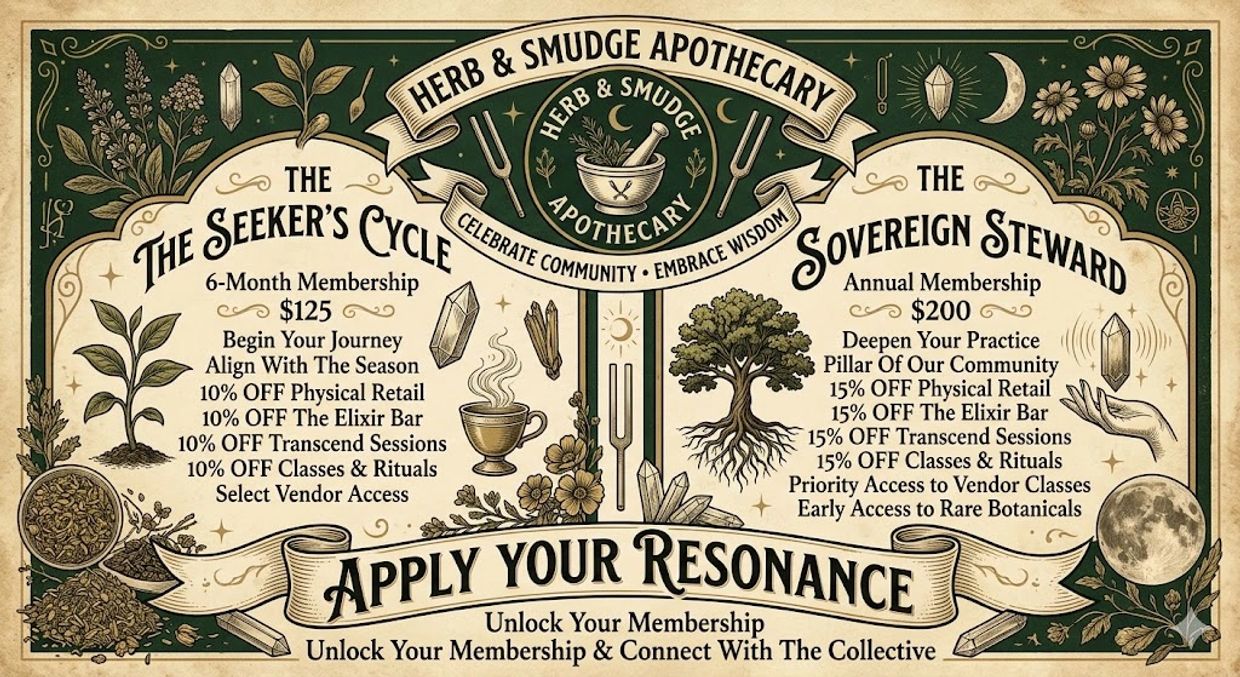 Herb & Smudge Apothecary membership options with benefits and discounts.