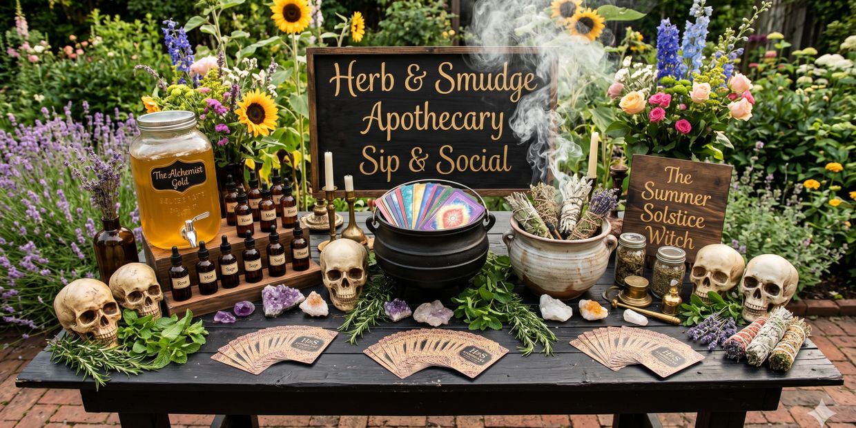 A mystical apothecary table with skulls, herbs, tarot cards, and smudge sticks in a garden.