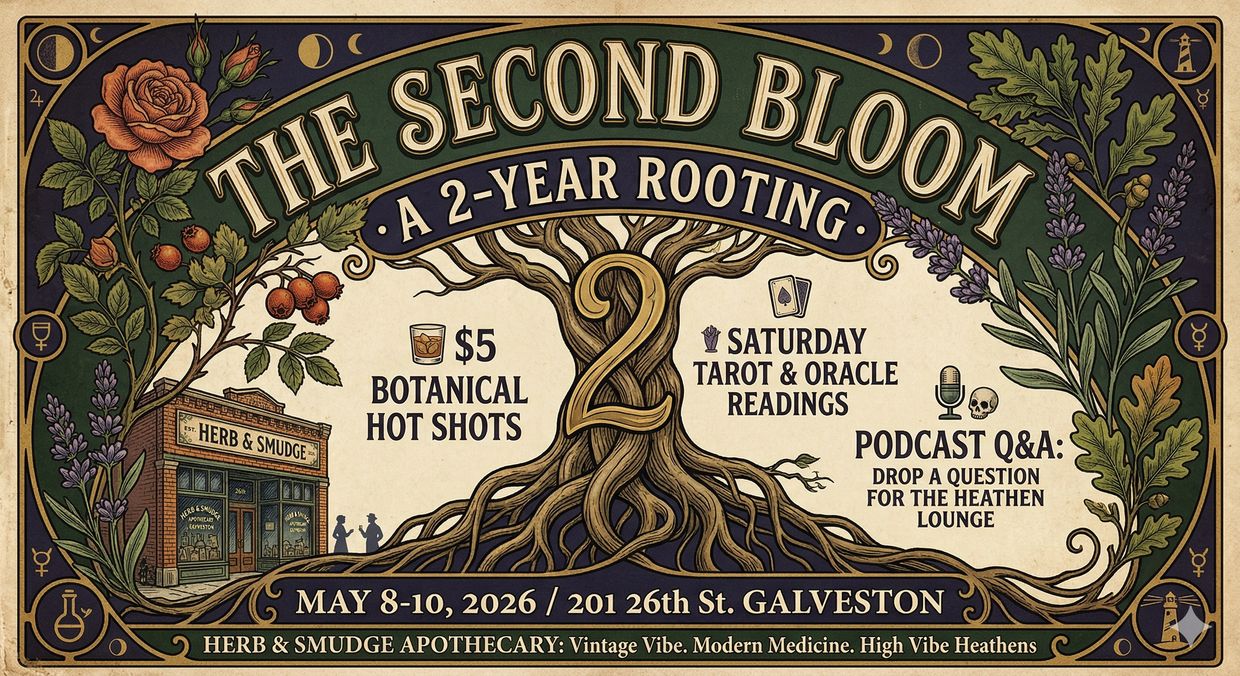 Event poster for The Second Bloom, a 2-year rooting celebration with botanical hot shots and tarot readings.