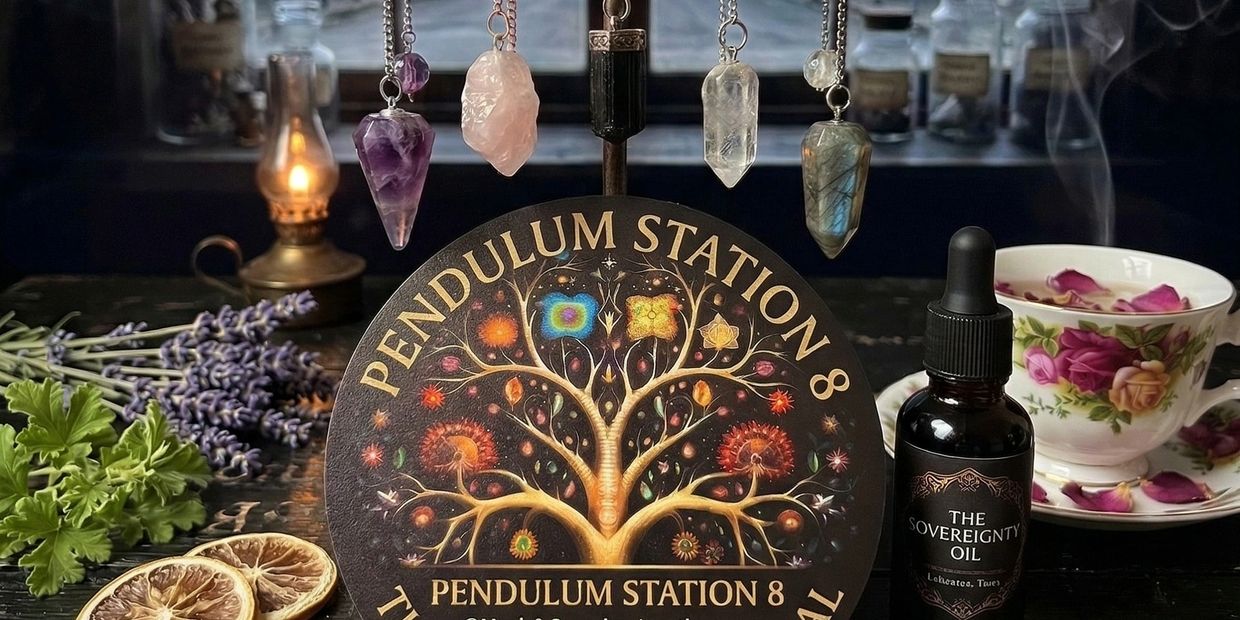 Mystical pendulum station setup with crystals, herbs, and a cup of rose tea.