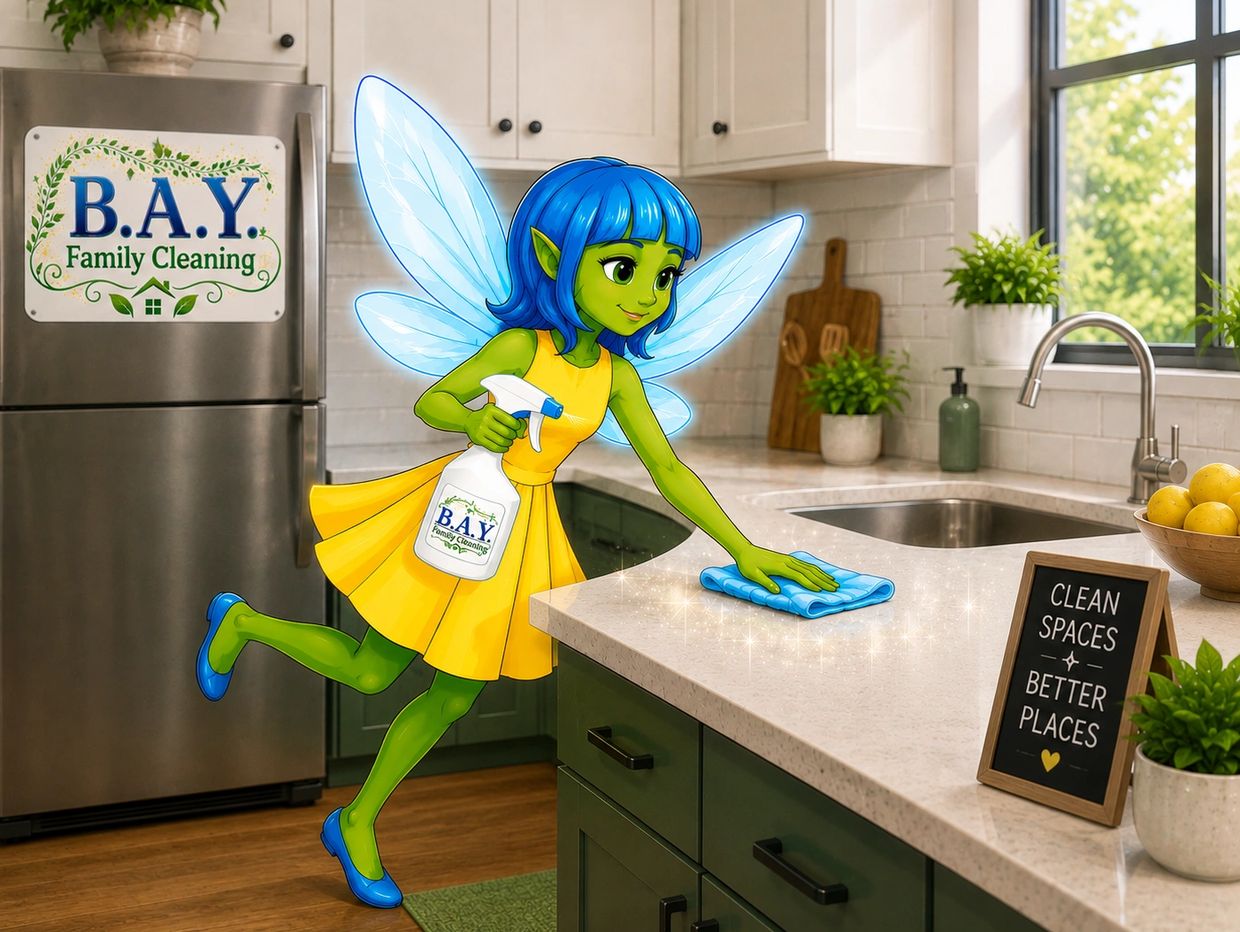 Green fairy cleaning kitchen with BAY Family Cleaning spray.
