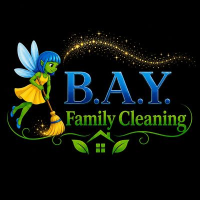 Logo of B.A.Y. Family Cleaning with a fairy sweeping and sparkling stars.