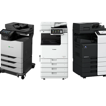 Three modern multifunction office printers from Lexmark, Canon, and Konica Minolta.