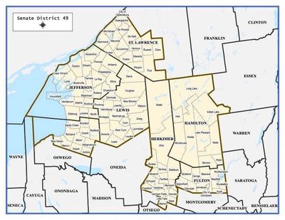 Map showing the boundaries and towns in Senate District 49 in New York.