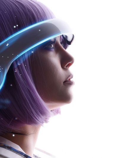 Futuristic Dreamer with pink hair looking off into space