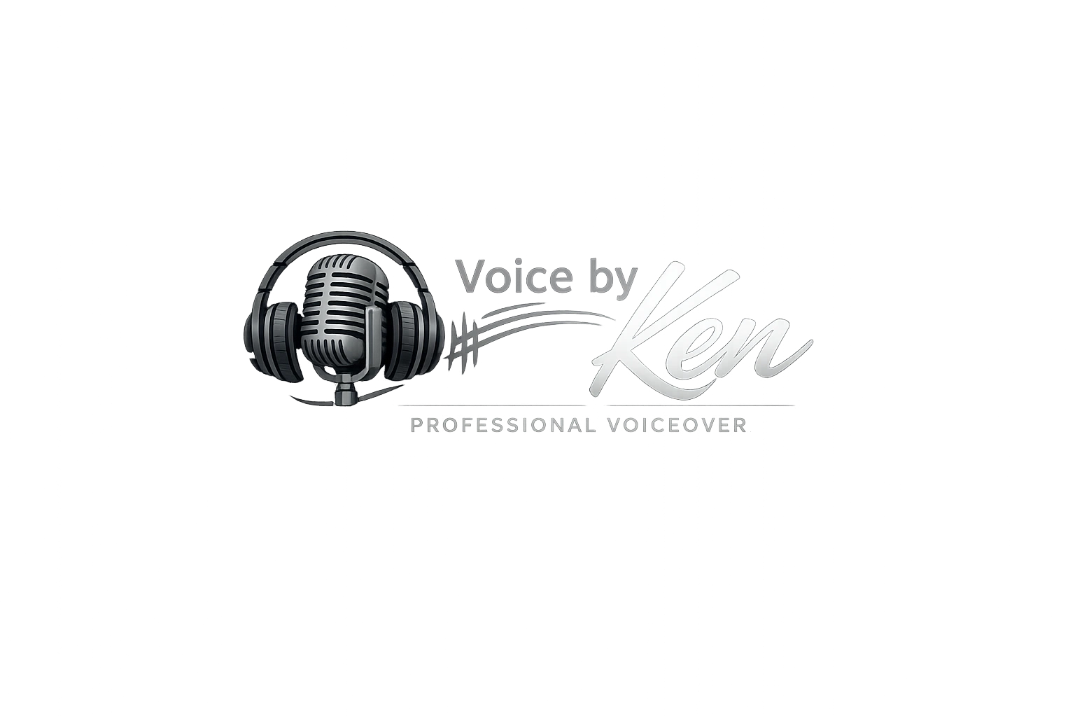 Professional voiceover logo featuring a microphone with headphones and the name Ken.