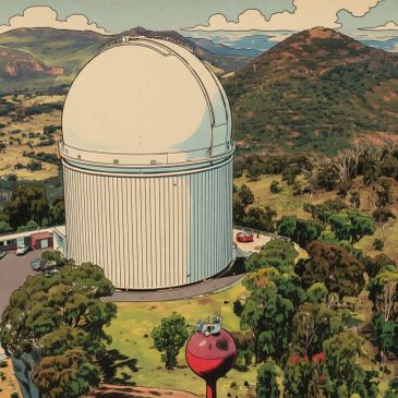 Observatory dome surrounded by hills and trees.