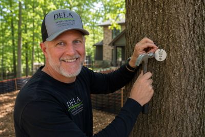 Man attaching a survey marker to a tree with a hammer.