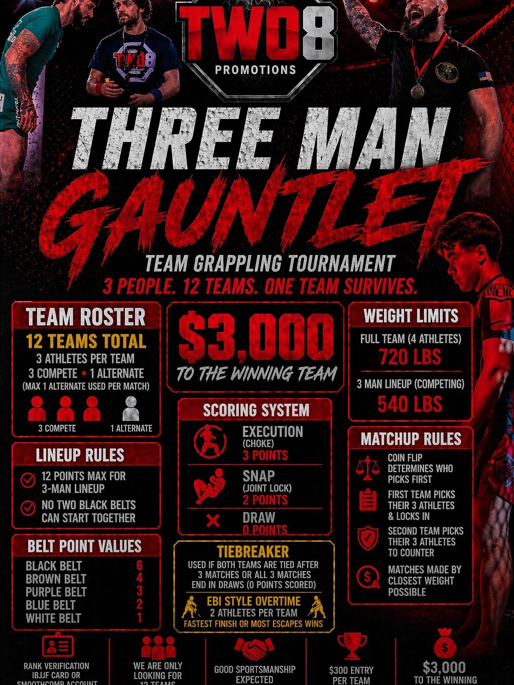 Promotional poster for a three-man team grappling tournament with $3,000 prize.