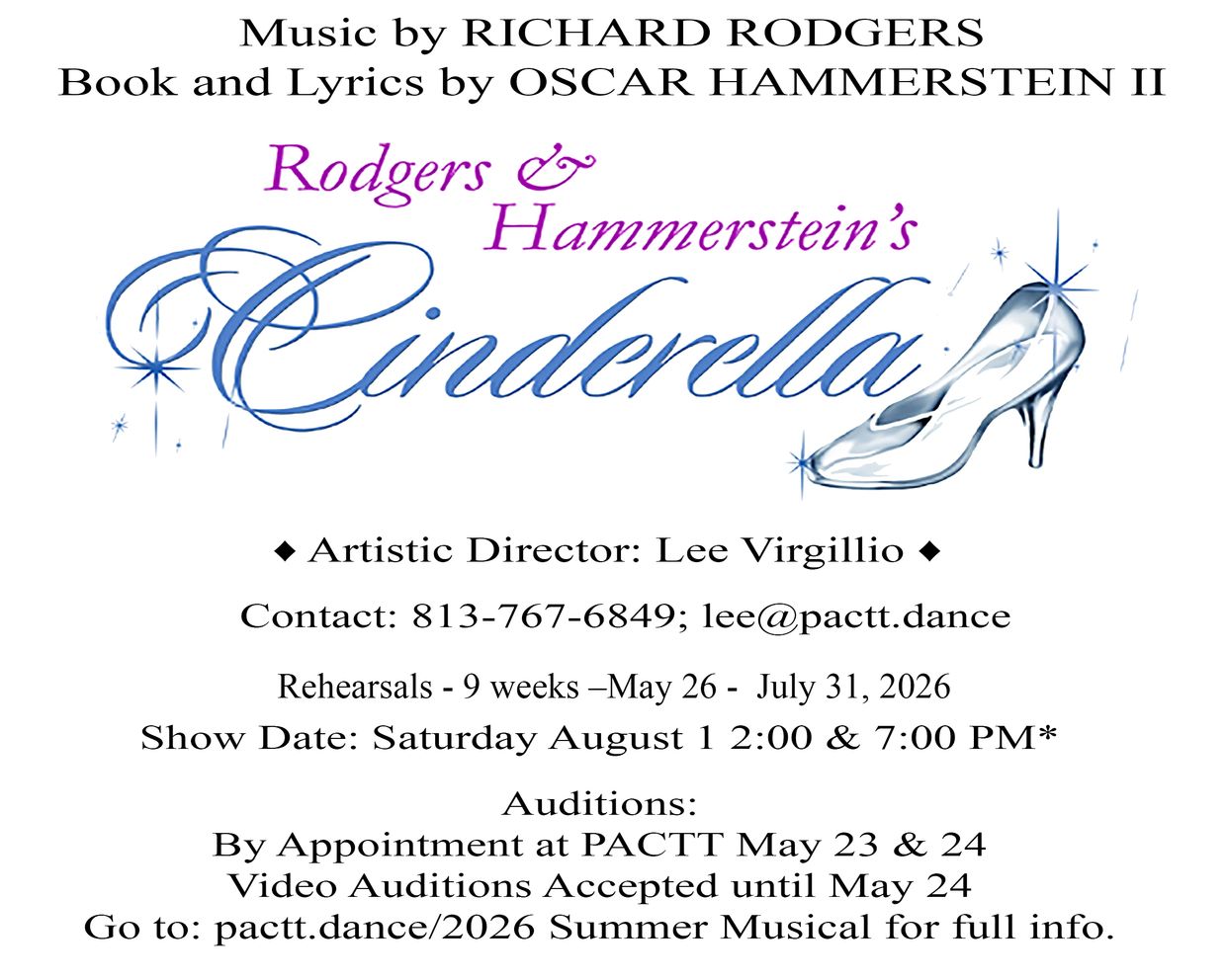 Announcement for Rodgers & Hammerstein's Cinderella musical auditions and show dates in 2026.