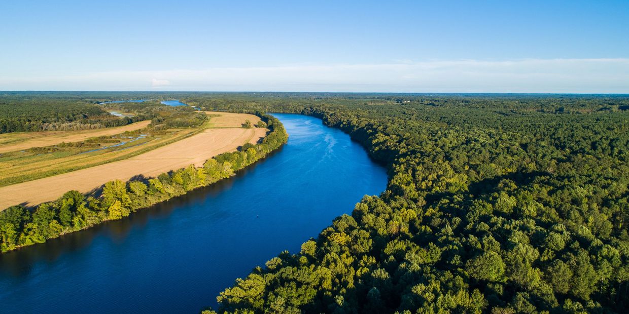 A wide river curves through lush green forests and golden fields under a clear blue sky.