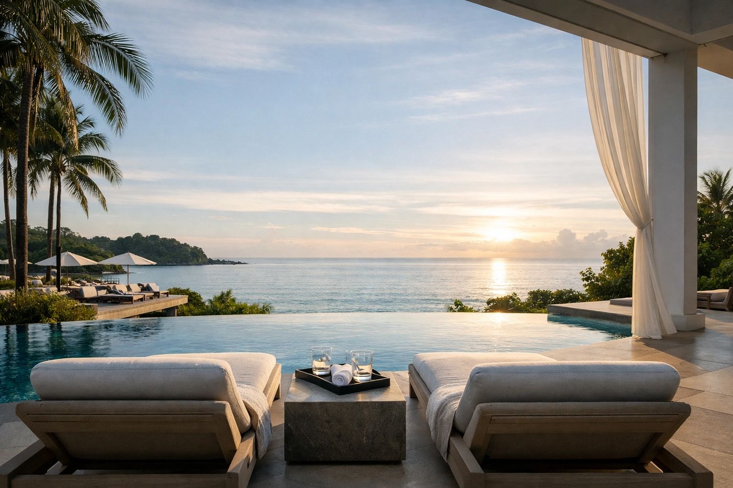 Luxurious poolside lounge chairs facing a serene ocean sunset.