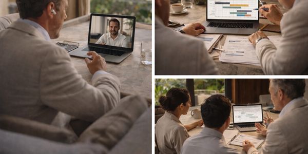 Business professionals collaborating via video call and reviewing charts and documents together.