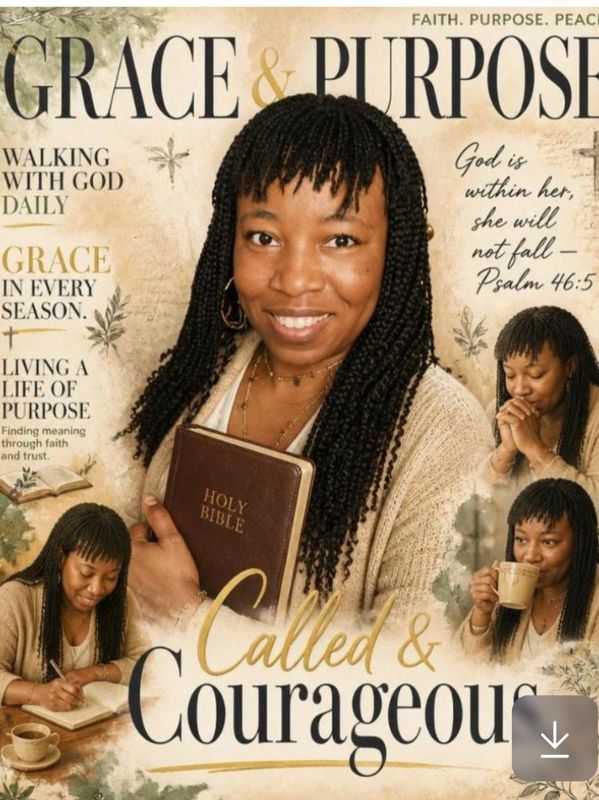 Woman holding a Holy Bible with inspirational text about grace and purpose.