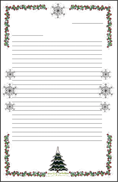 red berries and green holly with snowflakes lined paper.