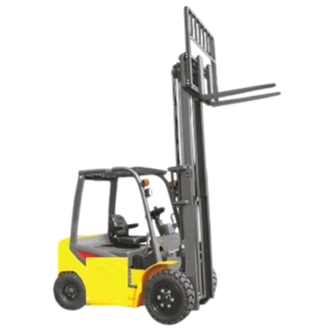 Yellow forklift with raised forks on black background.