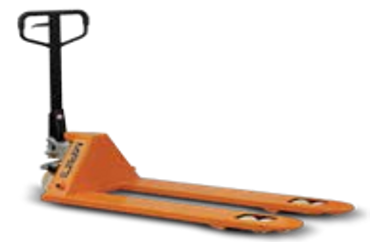 Orange manual pallet jack for lifting and moving pallets.
