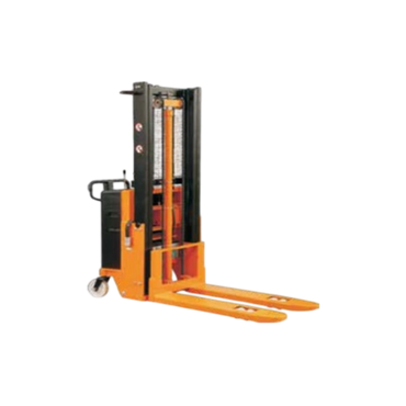 Orange electric pallet stacker for lifting and moving pallets.