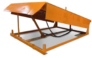 Orange metal industrial platform with a hinged top cover.