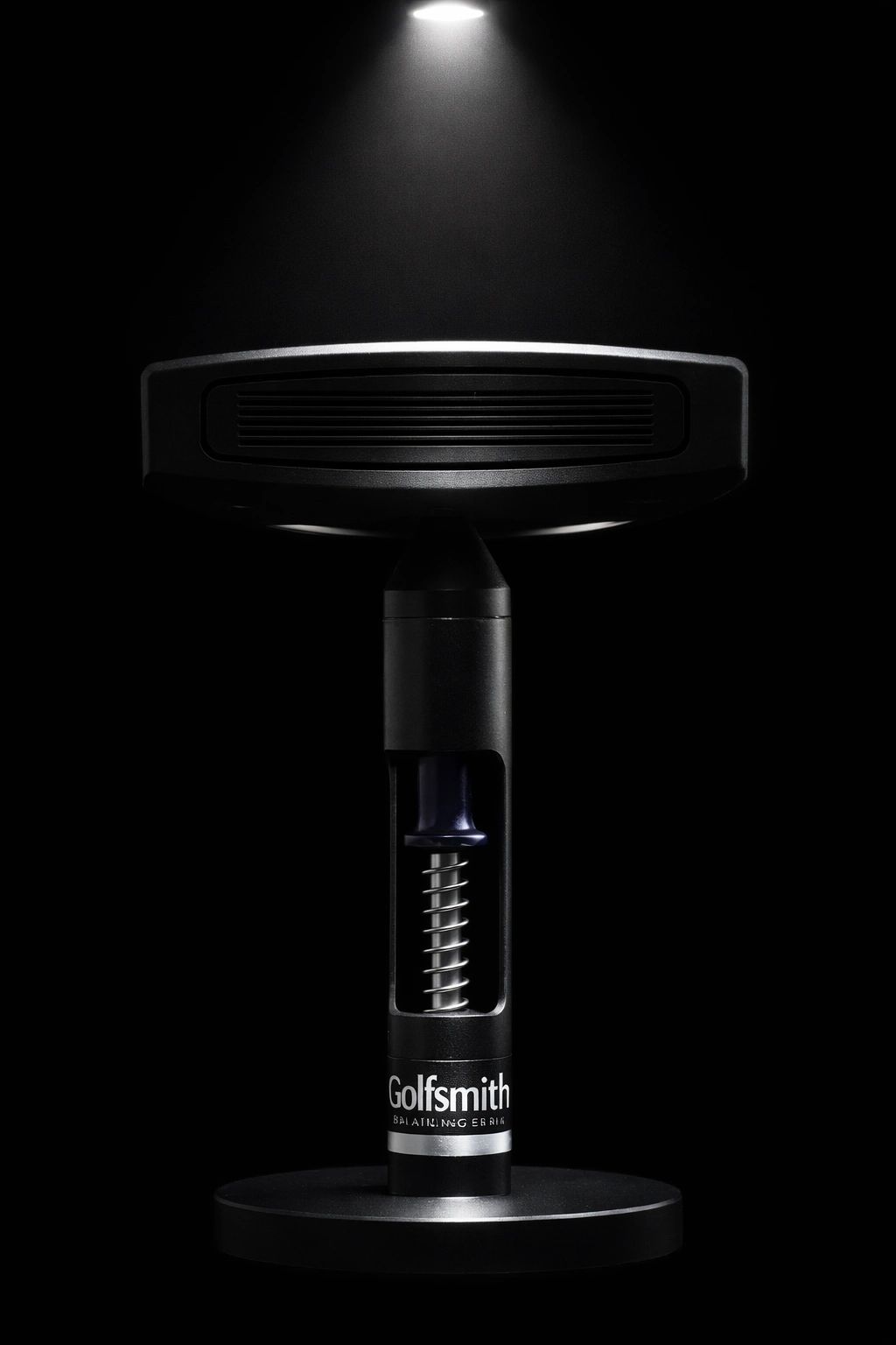Golfsmith balancing ergonomic golf club holder in spotlight.