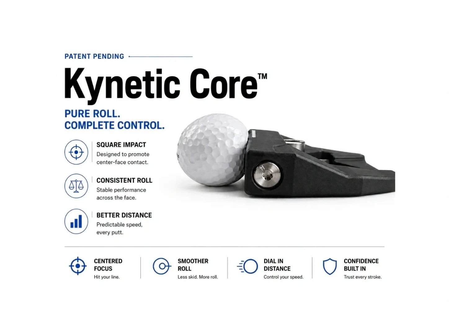 Kynetic Core golf putter promoting pure roll and complete control.