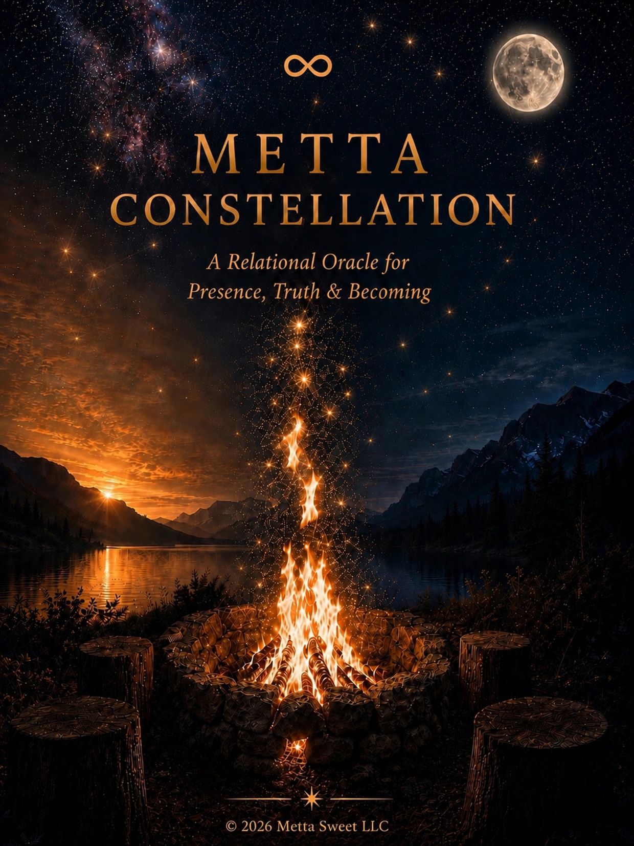 Campfire under starry sky with text about Metta Constellation.