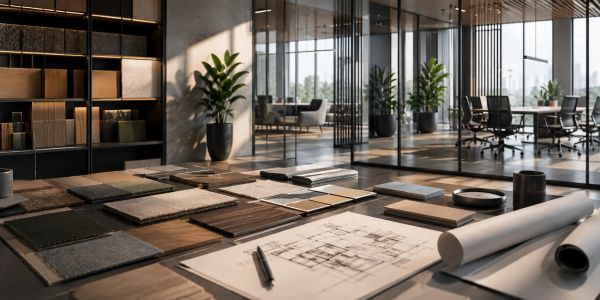 Modern office workspace with design materials and blueprints.