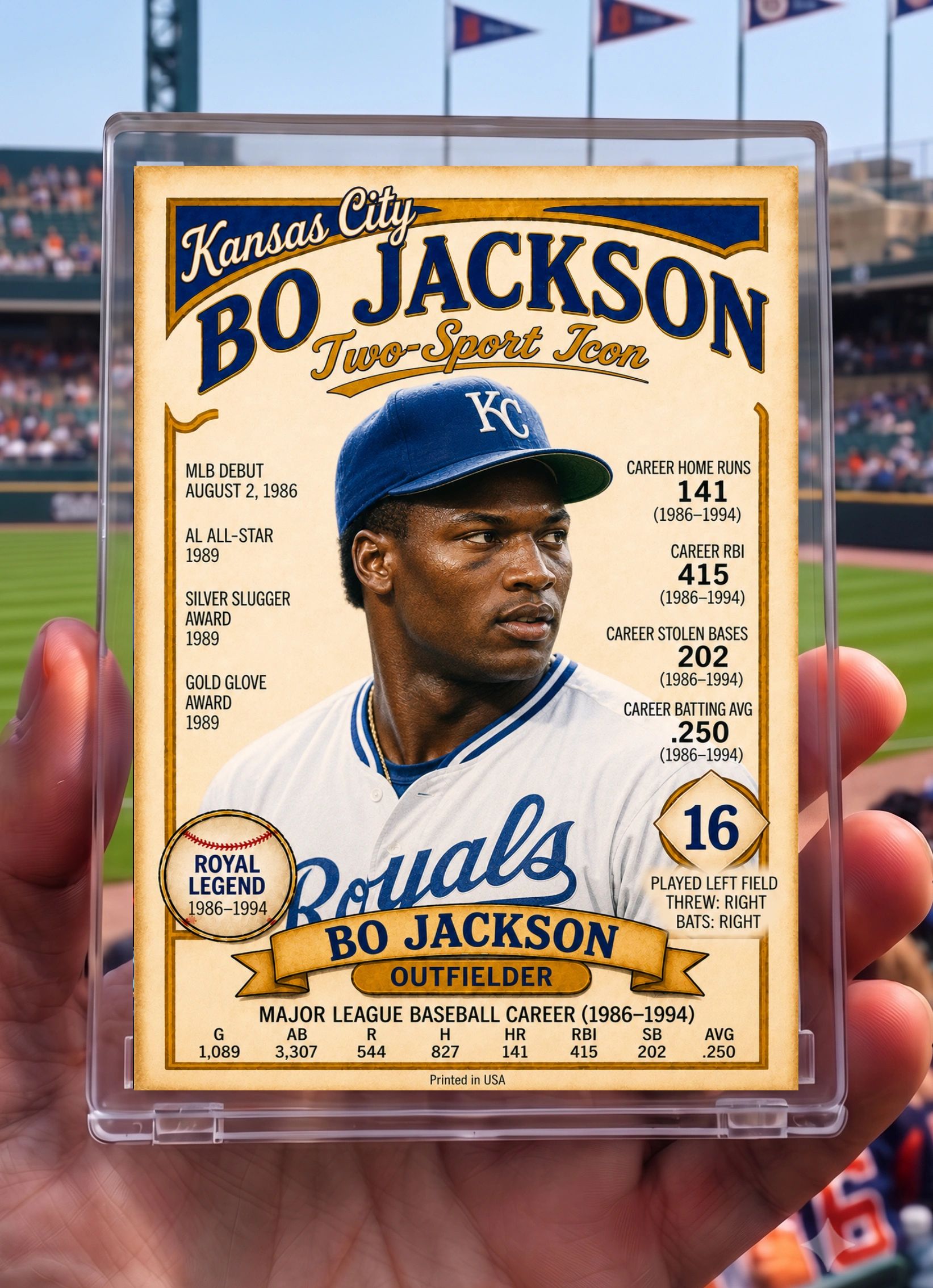 Baseball card of Bo Jackson, Kansas City Royals outfielder.