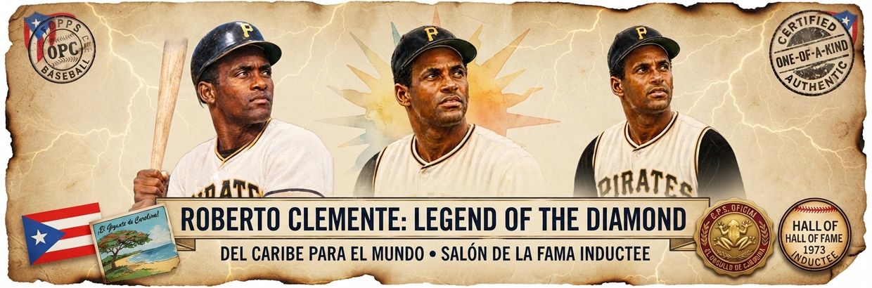 Roberto Clemente tribute with three portraits and baseball elements.