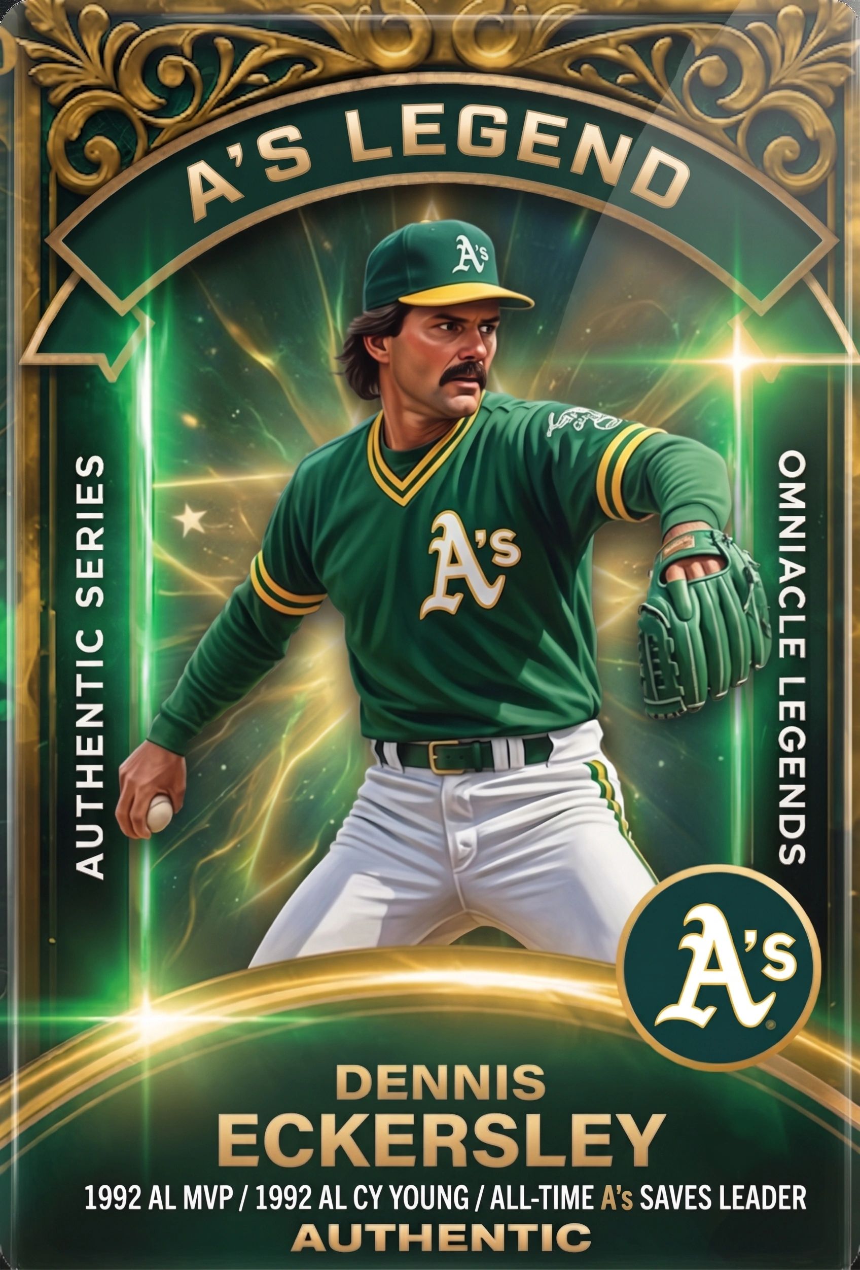 Baseball card of Dennis Eckersley, A's legend.