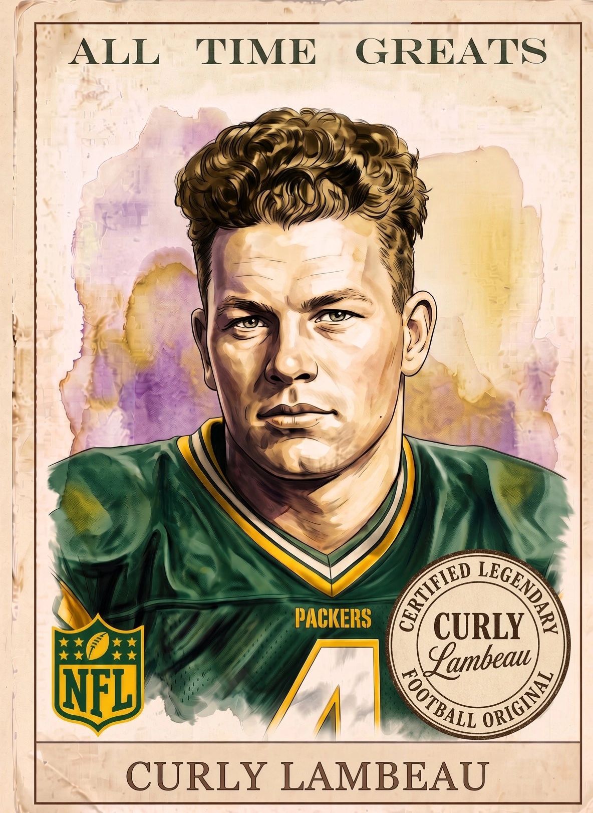 Vintage portrait of NFL legend Curly Lambeau in Green Bay Packers uniform.
