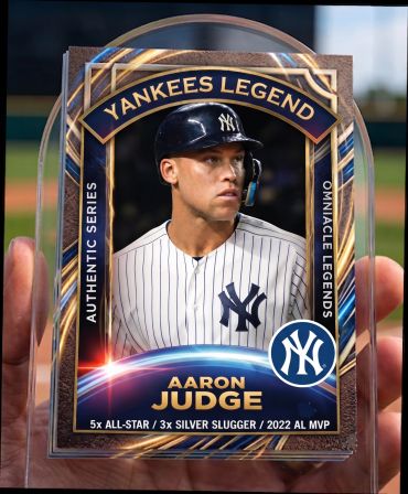 Aaron Judge Yankees Legend baseball card held in hand.