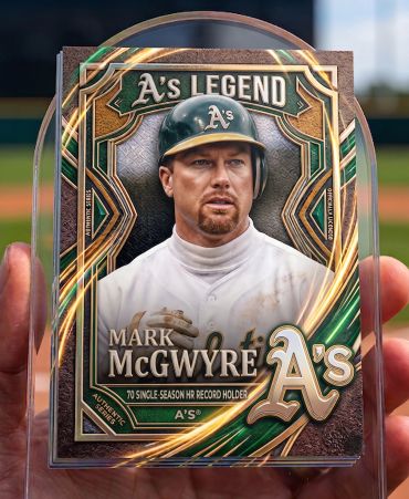 Mark McGwire baseball card labeled 'A's Legend'.
