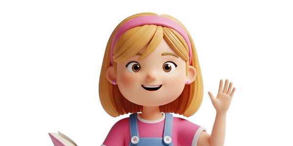 3D cartoon girl waving and holding a book with a smile.