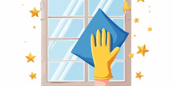 Hand with glove cleaning a window with a cloth.