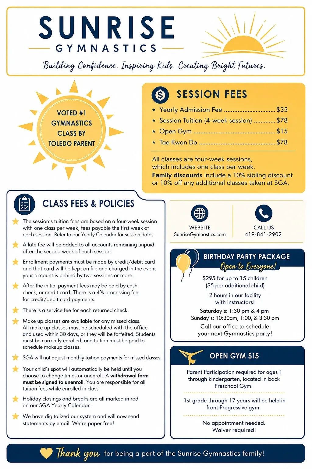 Sunrise Gymnastics offers classes, session fees, birthday parties, and open gym with family discounts.