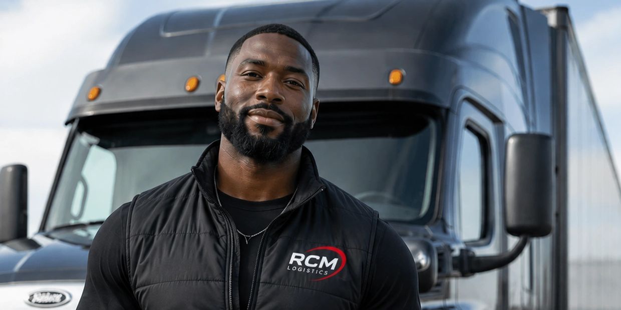 Confident truck driver standing in front of a truck.